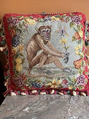 Vintage 123 Creations Monkey Needlepoint Pillow Aubusson Chinoiserie 19  Set(2) • $48