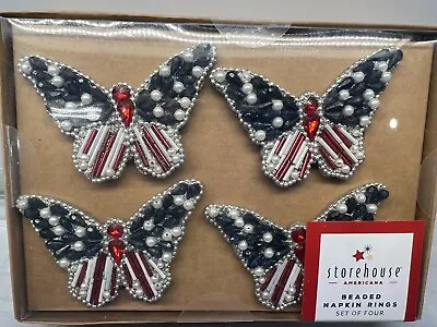 £28.60 • Buy Set Of 4 July 4 American Flag Patriotic Butterfly Beaded Napkin Rings New NWT 