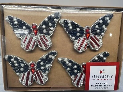 £28.60 • Buy Set Of 4 July 4 American Flag Patriotic Butterfly Beaded Napkin Rings New NWT 