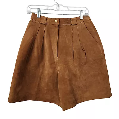 90s Vintage High Waisted Brown Suede Leather Pleated Mom Shorts Winlit 12 • $24.29