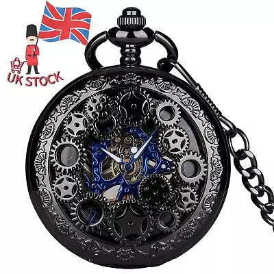 New Vintage Steampunk Mens Pocket Watch Skeleton Luxury Pocket Watch With Chain • £26.87