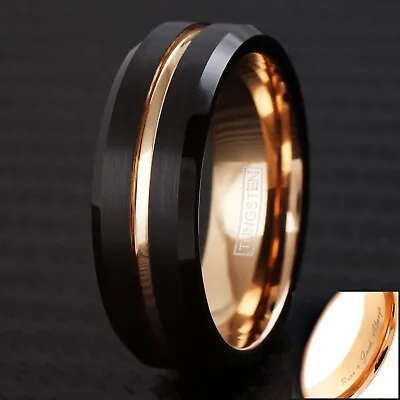 Engraved 8mm Men's Black Brushed Tungsten Carbide Rose Gold Plated Band Ring • $14.99