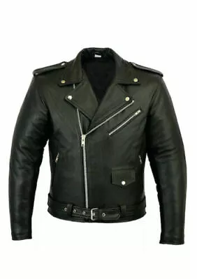 Mens Brando Genuine Leather Jacket Motorcycle Perfecto Black Marlon Biker Jacket • $102.49