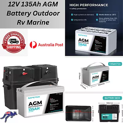 12V 135Ah AGM Battery Outdoor Rv Marine 4WD Deep Cycle & W/ Strap Battery Box • $380