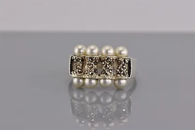 Sterling Silver Marcasite & Pearl Roller Accented Band Ring 925 Sz: 8 • $23.50