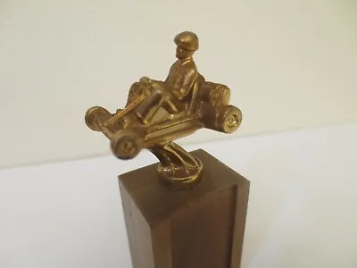 Vintage 6.25  Tall Cast Metal Go Kart Cart Racing Trophy On Wooden Base • $18