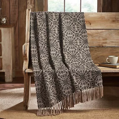 New Vintage Farmhouse Primitive TAN BLACK MEDALLION THROW Coverlet Blanket 60  • $29.99