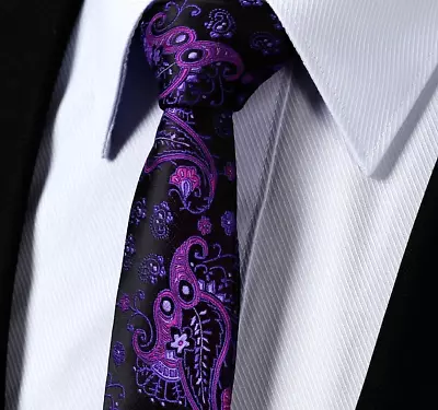 £6.16 • Buy Mens Skinny Tie Purple Wedding Black Silver Purple Floral Slim Paisley Silk UK
