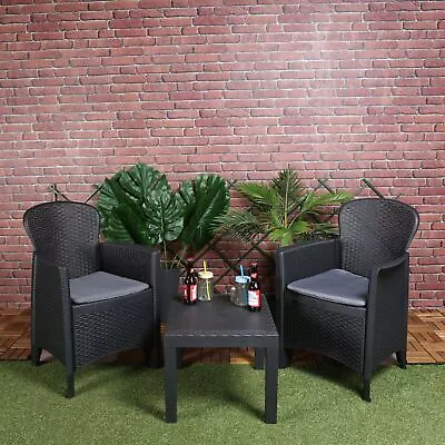 3pc Outdoor Cushioned Black Table Chair Rattan Garden Furniture Conversation Set • £89.99