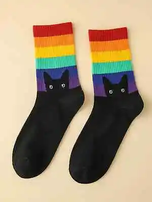 Womens LGBT Rainbow Striped Cat Crew Socks • £2.99