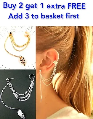 Womens Ear Cuff Chain Earring Leaf Pendant Silver Gold Dangle Drop Pierced Stud • £3.49