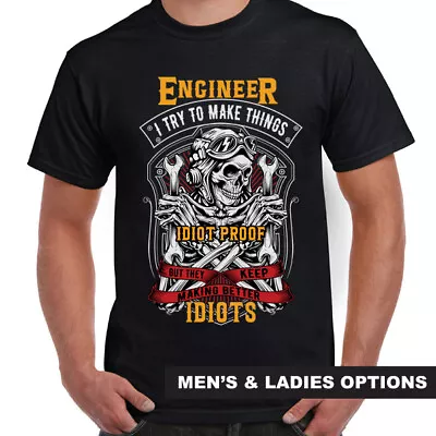 Funny T-Shirts IDIOT PROOF ENGINEER Skull Mechanic Dad Joke Work T-Shirt Gift • $48.95