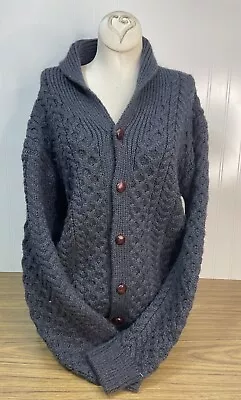 Irelands Eye Irish 100% Merino Wool Cable Knit Blue Button Up Cardigan Sz L • $35