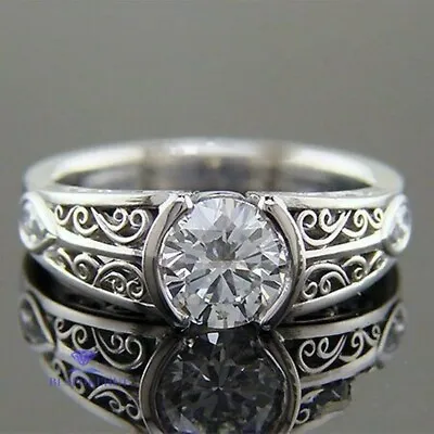 Moissanite Vintage Engagement Ring Solid 14K White Gold 2 Carat Round Cut • $226.07