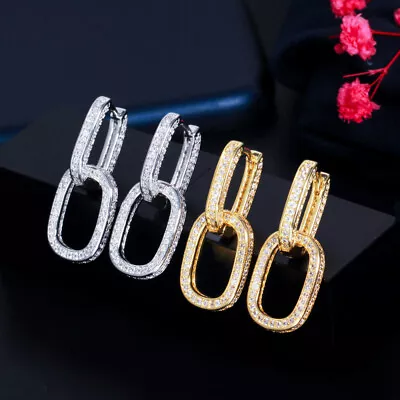 £10.30 • Buy Chic Yellow Gold CZ Double Cuban Link Chain Huggie Hoop Earrings Women Costume