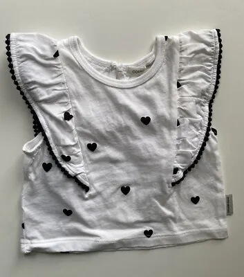 Country Road Baby Girl Size 0-3 Months White Frill T-shirt Black Hearts VGUC • $9.95