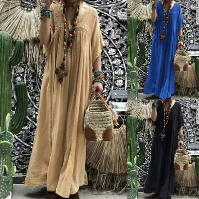 UK Womens Boho Summer Lace Maxi Dress Short Sleeve Baggy Kaftan Dress Plus Size • £16.89