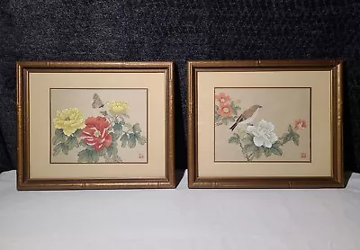 Set Of 2 Vintage Asian Silk Print Artwork Floral Bird Bamboo Style Frames 11 X9  • $75