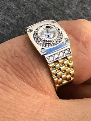 10k Gold Plated Solid 925 Sterling Silver Presidential Watch Band Ring Pinky CZ • $35.35