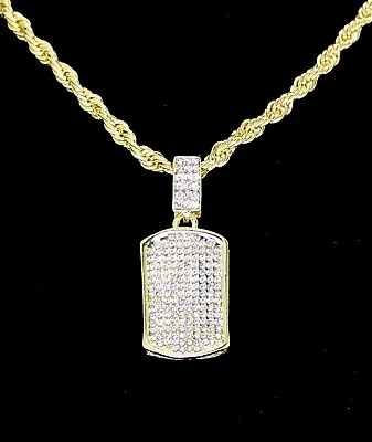 $9.99 • Buy Small Icy Dog Tag Pendant Cz 14k Gold Plated 24  Rope Chain Hip Hop Necklace
