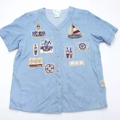 Quacker Factory Shirt Women's Large Blue 100% Cotton Button Front Short Sleeve • $21.59