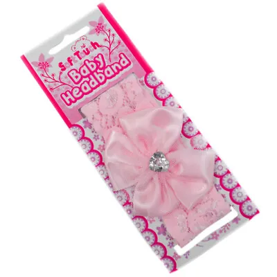 Baby Headband Girls Lace Satin Bow & Button Gem Hair Bands Pink By Soft Touch • £2.85