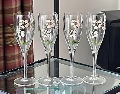 4 Perrier Jouet Champagne Glasses Flutes Japanese Anemone 7 1/2  Tall Mint Cond • £63.50