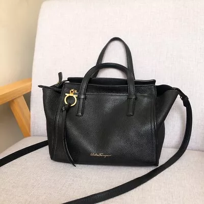 Salvatore Ferragamo Amy Shoulder Bag Black Leather Tote Bag Crossbody • $729