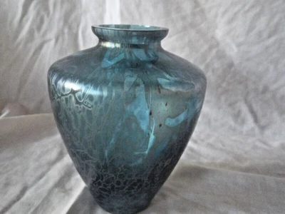 £145 • Buy Vintage Royal Brierley Glass Vase Art Nouveau Style Iridescent Blue Snakeskin