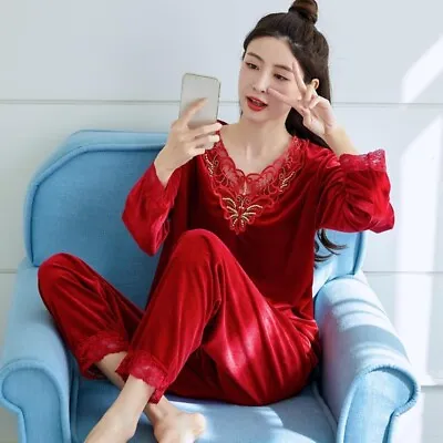 2Pcs Women Velvet Sleepwear Pajamas Sets Cute Princess Nightwear Top And Pants • $45.64