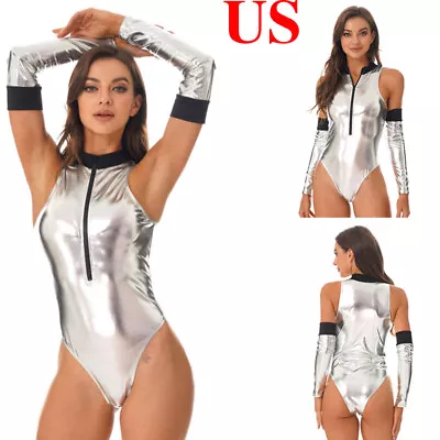 US Women Bodysuit Metallic Dance Leotard Astronaut Costume One-piece Dance-wear • $14.87