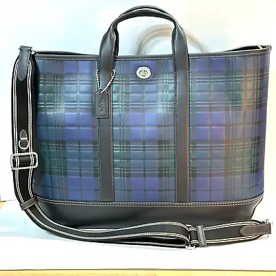 COACH Toby Turnlock Tote With Glovetanned Leather Navy Plaid Print • $486.50