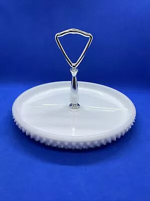 Vintage White Milk Glass Hobnail Relish Candy Nut Dish Tidbit Tray With Handle • $17.99