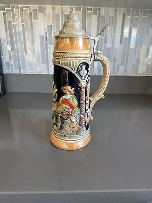 Vintage Large W. GERMANY Beer Stein 13.5” Tall Pewter Lid Ceramic Lidded DBGM • $49