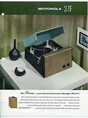 1950s Vintage MOTOROLA Sales Sheet:  Playmate Model 37F  Portable Phonograph  • $9.99