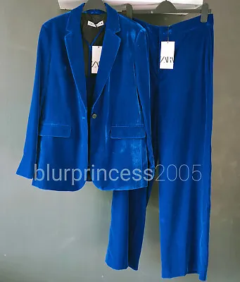 ZARA Velvet Suit Blazer Wide Leg Trousers Jacket Ink Blue 2 Piece Co Ord S  • £107.10