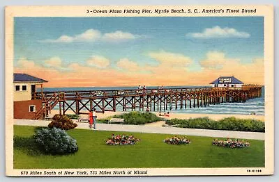 Myrtle Beach SC~Ocean Plaza Fishing Pier~Cold Drinks~Couple On Stroll~1941 Linen • $9