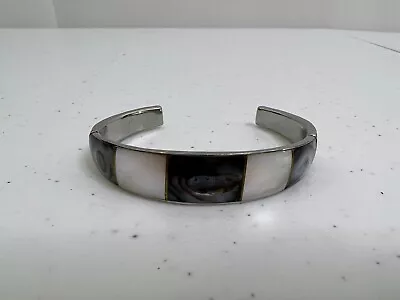 Mother Of Pearl Abalone Bracelet Hinge Cuff Phillipines Handmade Silver Tone • $24.99