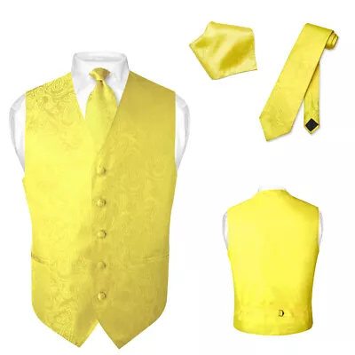 Men's Dress VEST NeckTie For Suit Tuxedo YELLOW Color PAISLEY Design Tie Hanky M • $25.95