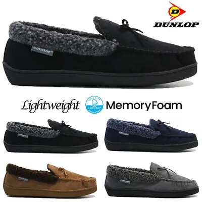 Mens Dunlop Memory Foam Moccasins Slippers Loafers Suede Fur Winter Shoes Size • £12.95