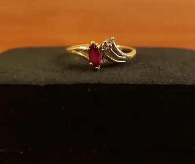 Vintage 14Kt Yellow Gold Ruby Diamond Marquise Cut Ring Small Size 4  • $165