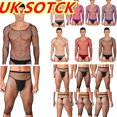 UK Men Mesh See Through Fishnet T-Shirt Muscle Undershirt Top Half Pants Legging • £5.99