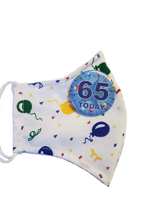 HAPPY 65th BIRTHDAY BALLOONS FACE MASK GIFT REUSABLE WASHABLE FITTED NOSE. BLUE • £4.95