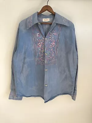 VTG 70s 80s Sun Faded Denim Floral Embroidered Hippie Shirt Large • $100