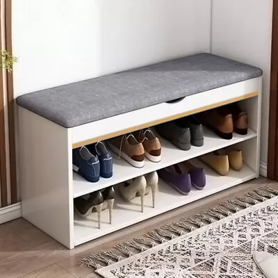 White Shoe Rack Storage Bench With Shelves Cushion Seat Hallway Wooden Cabinet  • £39.95