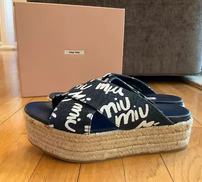 NWB MIU MIU Blue Canvas Espadrille Platform Sandals With Repeating Logo Sz 37.5 • $169.99