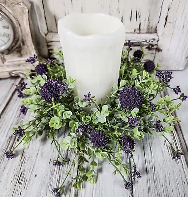 Purple Globe Flower Pillar Candle Ring Farmhouse Home Decor • $14.99