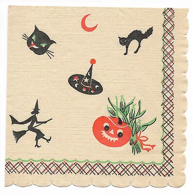 Vintage Crepe Paper Halloween Napkin ~ Witch Hat Black Cat Moon JOL ~ FUN! • $9.25