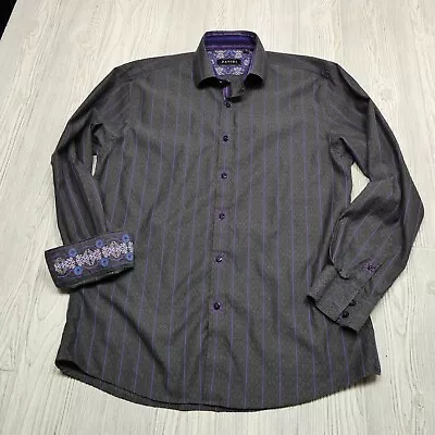 Zagiri Shirt Adult M Button Up Flip Cuff Embroidered Accents Gray Purple Dress • $72.44