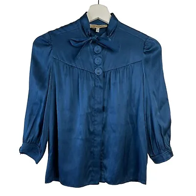 See By Chloe Size 4 Silk Blouse Blue Neck Tie Bow 3/4 Sleeve Classic Romantic • $59.98